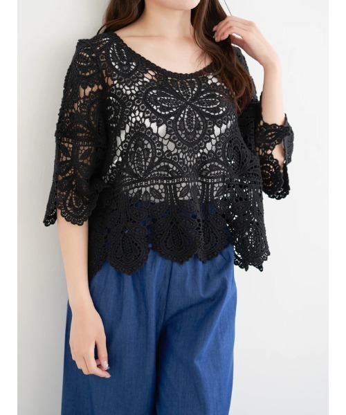 【LOEWE】花柄クロシェ編みラウンドネックコットンTシャツ S616Y22X79_1100_1F.jpg