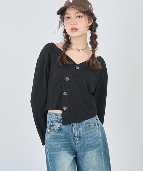 ANAP（アナップ）の「ウェーブデザインリブカーディガン（カーディガン/ボレロ・レディース・ブラック/ホワイト・FREE）」の2枚目の写真