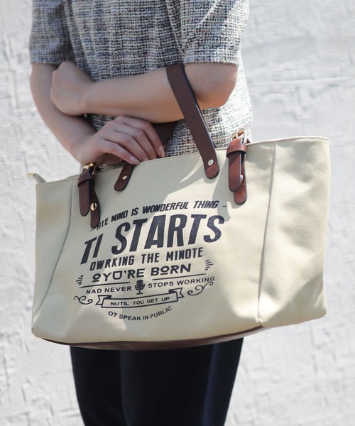 florist（フローリスト）の「2WAY ポイントレザー×キャンバスプリントトートバッグ/ショルダーバッグ（トートバッグ・レディース・ライトブルー/ブラック/ベージュ/ホワイト・FREE）」の3枚目の写真