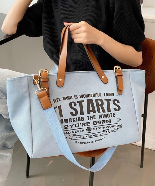 florist（フローリスト）の「2WAY ポイントレザー×キャンバスプリントトートバッグ/ショルダーバッグ（トートバッグ・レディース・ライトブルー/ブラック/ベージュ/ホワイト・FREE）」の4枚目の写真