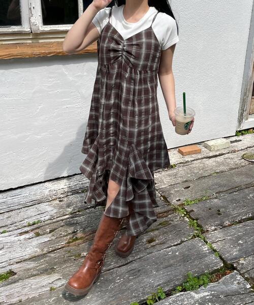 WEGO(ウィゴー)の「WEGO/チェックイレヘムキャミワンピース(ワンピース・レディース・ブラウン系その他2/ブラック系その他2・FREE)」の4枚目の写真