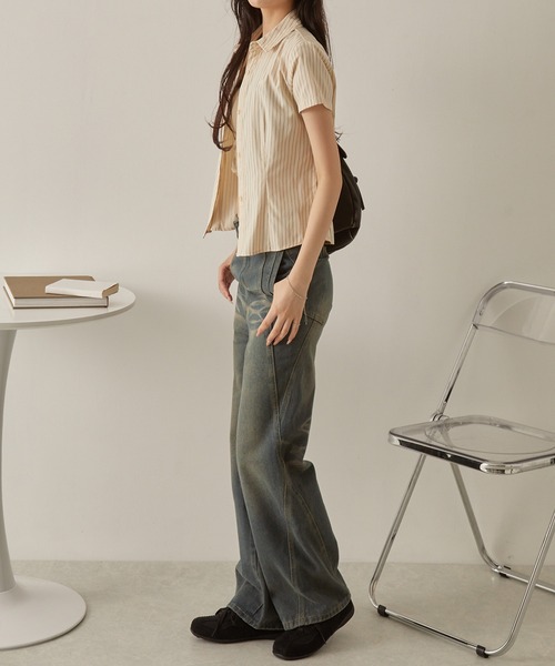 NuNuNa】ヴィンテージ加工 サイドクロスデザイン ハイウエストワイド