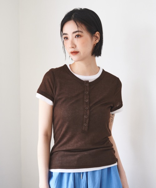FMiBL(ファミル)の「ハーフスリーブヘンリーネックトップス(Tシャツ/カットソー・レディース・イエロー/ブラウン/ブルー・FREE)」の6枚目の写真