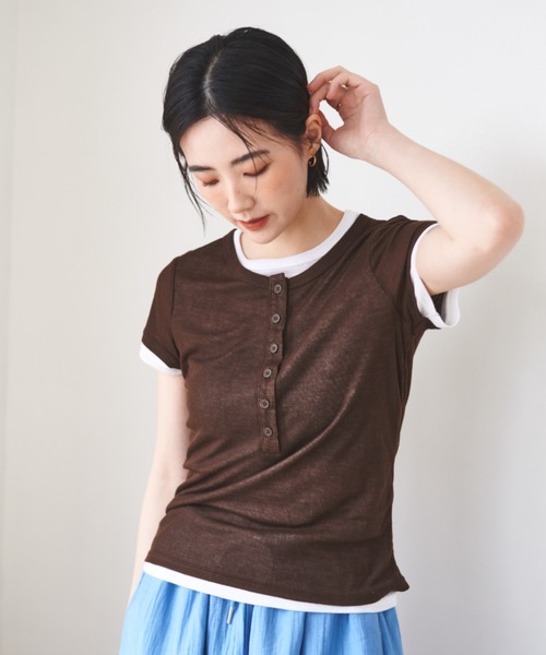 FMiBL(ファミル)の「ハーフスリーブヘンリーネックトップス(Tシャツ/カットソー・レディース・イエロー/ブラウン/ブルー・FREE)」の7枚目の写真