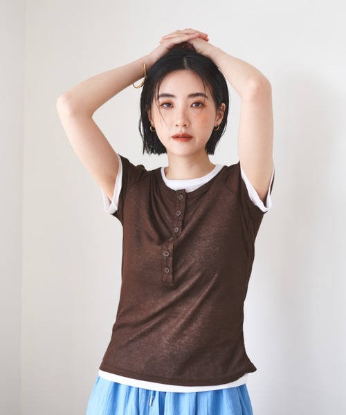 ヨリ ハーフスリーブフリルカットソー ヘムペプラム F ストライプ Tシャツ セール】ハーフスリーブヘンリーネックトップス（Tシャツ