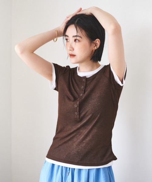 FMiBL(ファミル)の「ハーフスリーブヘンリーネックトップス(Tシャツ/カットソー・レディース・イエロー/ブラウン/ブルー・FREE)」の8枚目の写真