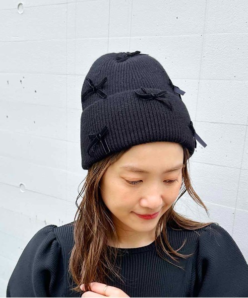 PICCIN(ピッチン)の「リボンニット帽(ニットキャップ/ビーニー・レディース・ブラック/アイボリー・FREE)」の9枚目の写真