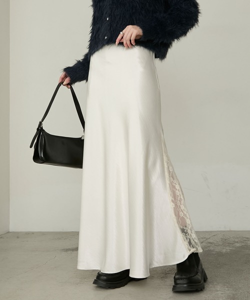 Cherir Mignon（シェリルミニョン）の「【Cherir Mignon】- Silhouette Couture -レーススリットサテンロングスカート（スカート・レディース・ブラック/ホワイト・S/M）」の5枚目の写真