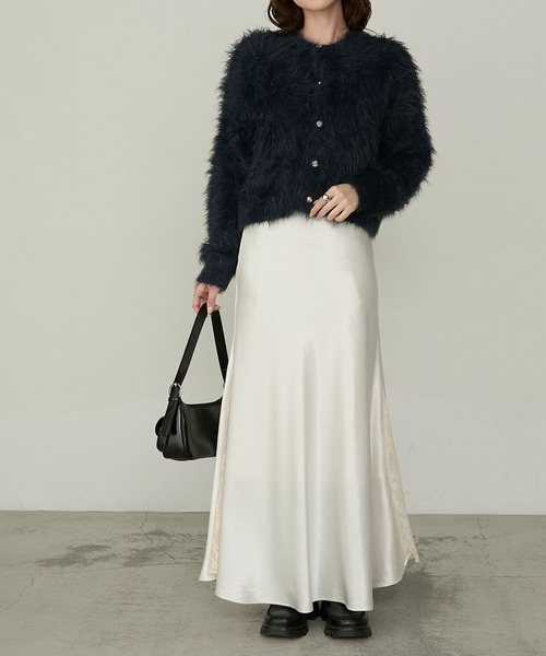 Cherir Mignon（シェリルミニョン）の「【Cherir Mignon】- Silhouette Couture -レーススリットサテンロングスカート（スカート・レディース・ブラック/ホワイト・S/M）」の9枚目の写真