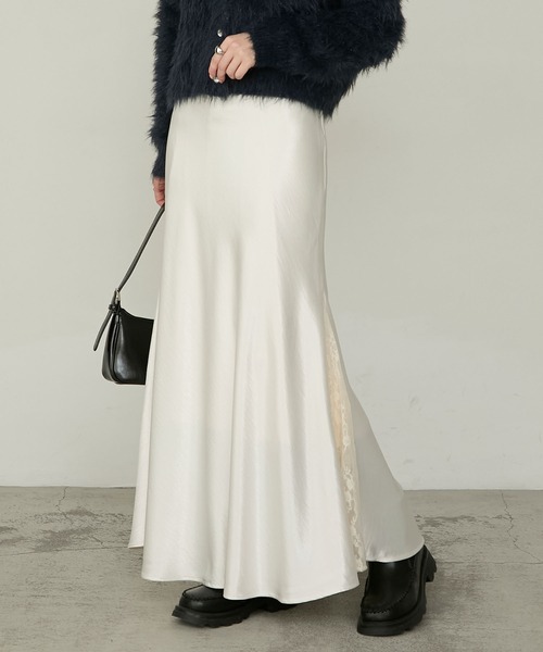 Cherir Mignon（シェリルミニョン）の「【Cherir Mignon】- Silhouette Couture -レーススリットサテンロングスカート（スカート・レディース・ブラック/ホワイト・S/M）」の13枚目の写真