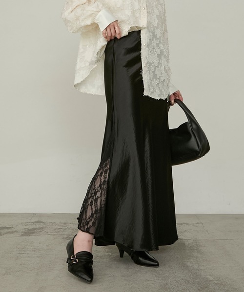 Cherir Mignon（シェリルミニョン）の「【Cherir Mignon】- Silhouette Couture -レーススリットサテンロングスカート（スカート・レディース・ブラック/ホワイト・S/M）」の14枚目の写真