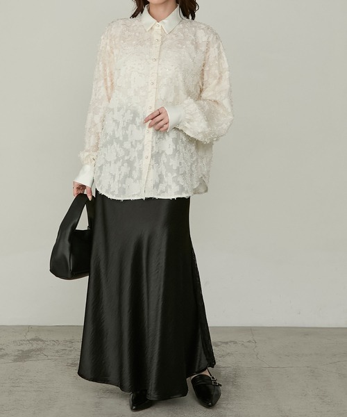 Cherir Mignon（シェリルミニョン）の「【Cherir Mignon】- Silhouette Couture -レーススリットサテンロングスカート（スカート・レディース・ブラック/ホワイト・S/M）」の18枚目の写真