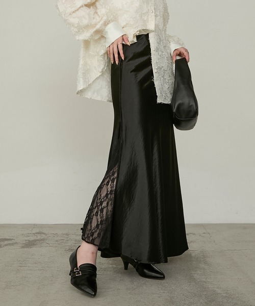 Cherir Mignon（シェリルミニョン）の「【Cherir Mignon】- Silhouette Couture -レーススリットサテンロングスカート（スカート・レディース・ブラック/ホワイト・S/M）」の20枚目の写真
