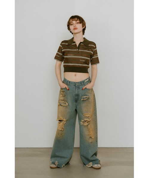 Knuth Marf(クヌースマーフ)の「Knuth Marf logo stripe polo knit(ポロシャツ・レディース・カーキブラウン/ブラウン・FREE)」の6枚目の写真