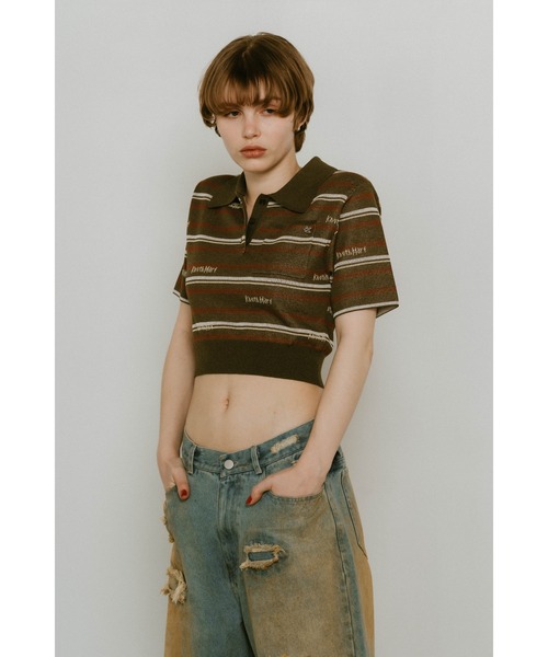 Knuth Marf(クヌースマーフ)の「Knuth Marf logo stripe polo knit(ポロシャツ・レディース・カーキブラウン/ブラウン・FREE)」の8枚目の写真