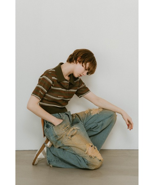 Knuth Marf(クヌースマーフ)の「Knuth Marf logo stripe polo knit(ポロシャツ・レディース・カーキブラウン/ブラウン・FREE)」の10枚目の写真