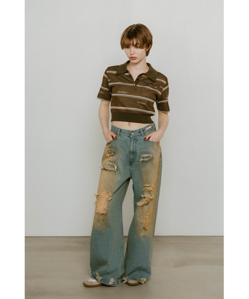 Knuth Marf(クヌースマーフ)の「Knuth Marf logo stripe polo knit(ポロシャツ・レディース・カーキブラウン/ブラウン・FREE)」の11枚目の写真