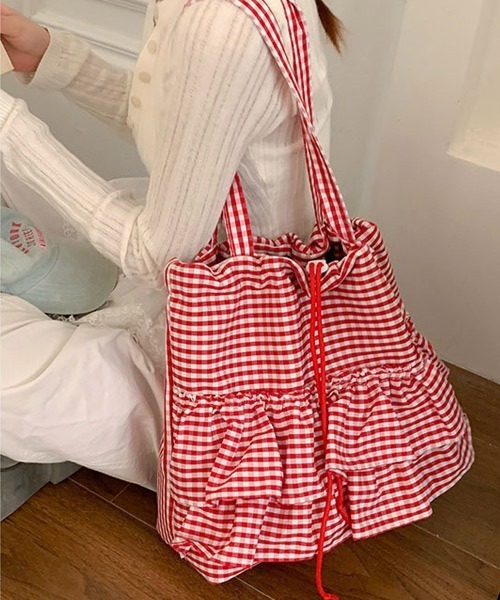 Ressaca（レサーカ）の「ギンガムチェックフリル巾着トートバッグ（トートバッグ・レディース・ブルー/ピンク/レッド/ブラック・FREE）」の4枚目の写真