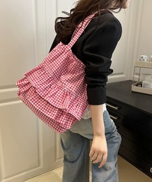 ギンガムチェックフリル巾着トートバッグ