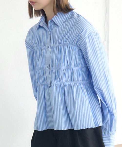 RETRO GIRL（レトロガール）の「シャーリングペプラムSH（シャツ/ブラウス・レディース・ブルー系その他/ホワイト/ダークブラウン・FREE）」の3枚目の写真