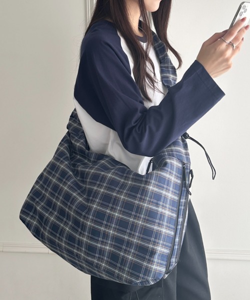 セール】【A4収納可】ギャザーショルダーチェック柄バッグ（ショルダー