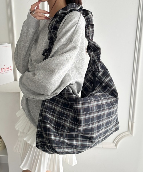 セール】【A4収納可】ギャザーショルダーチェック柄バッグ（ショルダー