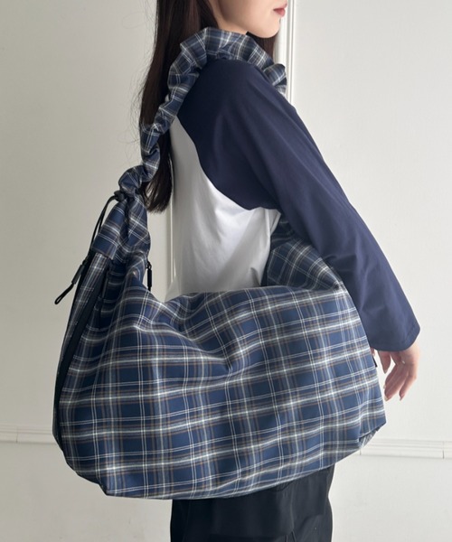 セール】【A4収納可】ギャザーショルダーチェック柄バッグ（ショルダー