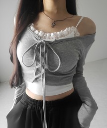 me+em select(ミームセレクト)の【 2点セット 】レースアップリボンショートトップス + レースキャミ SET / lace up ribbon short tops + lace cami SET(アンサンブル)