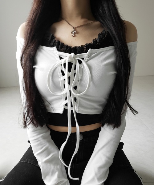 トップス Mme eme Corset like ribbon cami ensemble 新色ピンクが追加！／2点セット 】レースアップリボンショート