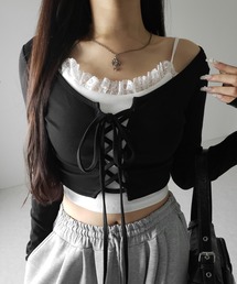 me+em select(�~�[���Z���N�g)�́y �V�F�s���N���ǉ��I�^�Q�_�Z�b�g �z���[�X�A�b�v���{���V���[�g�g�b�v�X �{ ���[�X�L���~ SET �^ lace up ribbon short tops + lace cami SET(�A���T���u��)