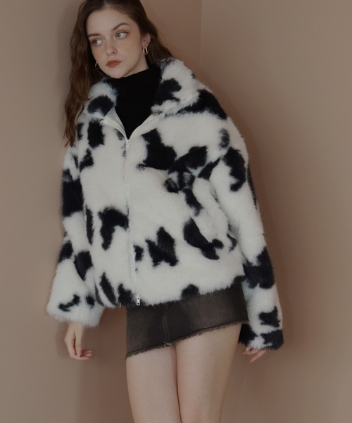 カウ柄フェイクファーダブルジップジャケット（ブルゾン）｜Mili