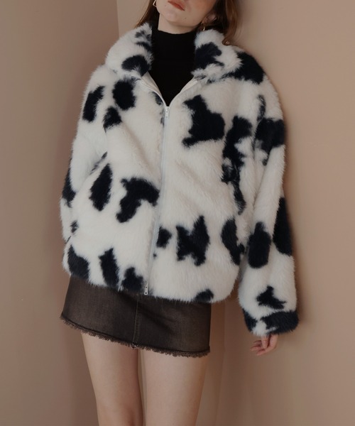 カウ柄フェイクファーダブルジップジャケット（ブルゾン）｜Mili