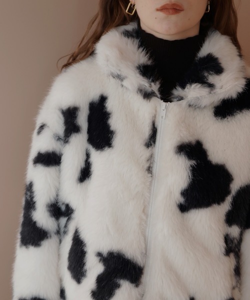 カウ柄フェイクファーダブルジップジャケット（ブルゾン）｜Mili