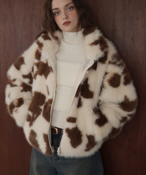 カウ柄フェイクファーダブルジップジャケット（ブルゾン）｜Mili