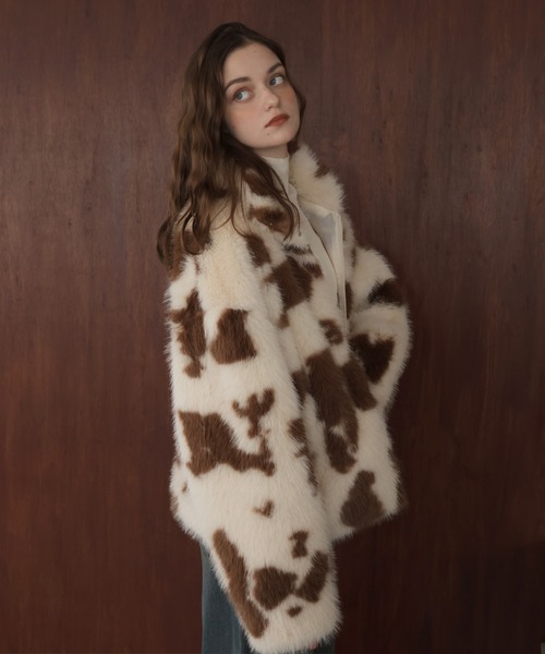 カウ柄フェイクファーダブルジップジャケット（ブルゾン）｜Mili