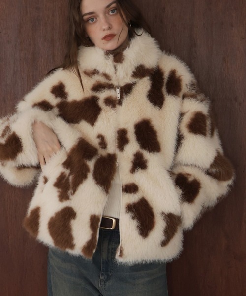 カウ柄フェイクファーダブルジップジャケット（ブルゾン）｜Mili