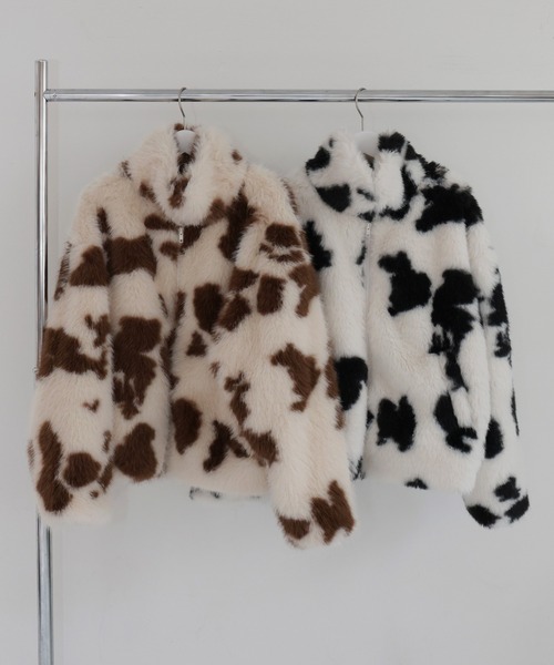 セール】カウ柄フェイクファーダブルジップジャケット（ブルゾン