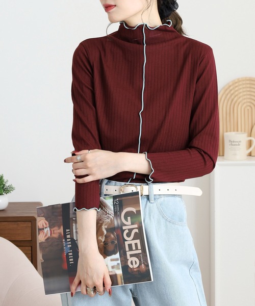 EGLANTINE(エグランティーヌ)の「EGLANTINE 前後2way 配色メロウ インナーカットソー(Tシャツ/カットソー・レディース・ブラック/ダークグリーン/キャメル/ワインレッド/チャコールグレー・38)」の7枚目の写真