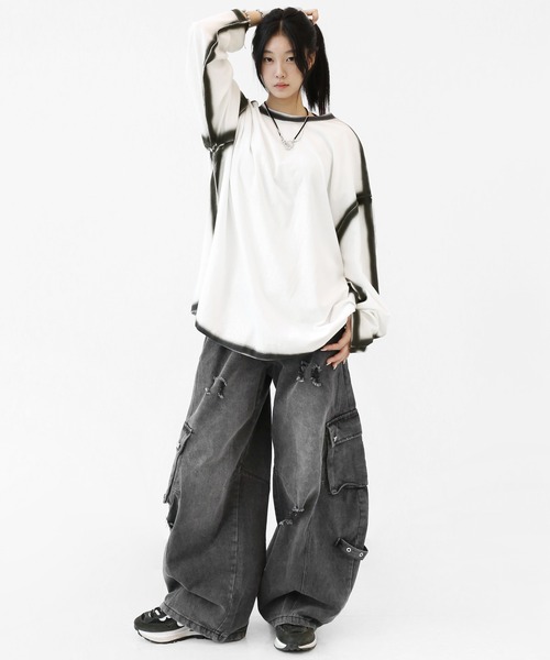 minsobi（ミンソビ）の「カーブフィットワイドデニムカーゴ（デニムパンツ・メンズ・ブラック・FREE）」の3枚目の写真