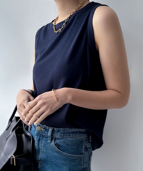 ★新品・未使用★ebure タンクトップ ネイビー カットソー ノースリーブ セール/ブランド古着】ノースリーブトップス（タンクトップ