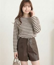 バスク生地 ボートネック長袖Tシャツ ボーダー 無地