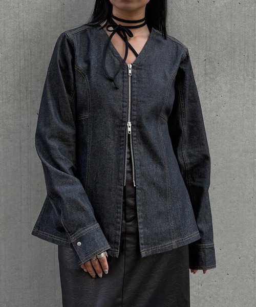 &g'aime（アンジェム）の「【&g'aime】デニムWジップチュニック　Denim Double-Zip Tunic（シャツ/ブラウス・レディース・ブルー/ブラック・FREE）」の2枚目の写真