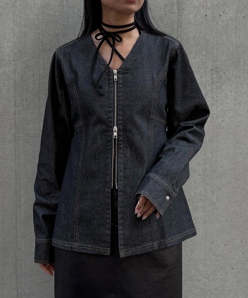 &g'aime（アンジェム）の「【&g'aime】デニムWジップチュニック　Denim Double-Zip Tunic（シャツ/ブラウス・レディース・ブルー/ブラック・FREE）」の9枚目の写真