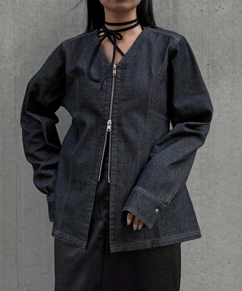 &g'aime（アンジェム）の「【&g'aime】デニムWジップチュニック　Denim Double-Zip Tunic（シャツ/ブラウス・レディース・ブルー/ブラック・FREE）」の10枚目の写真