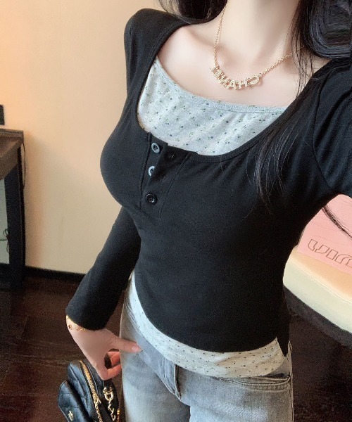 セール】Y2K ヘンリーネックレイヤードロングTシャツ レイヤードスリム