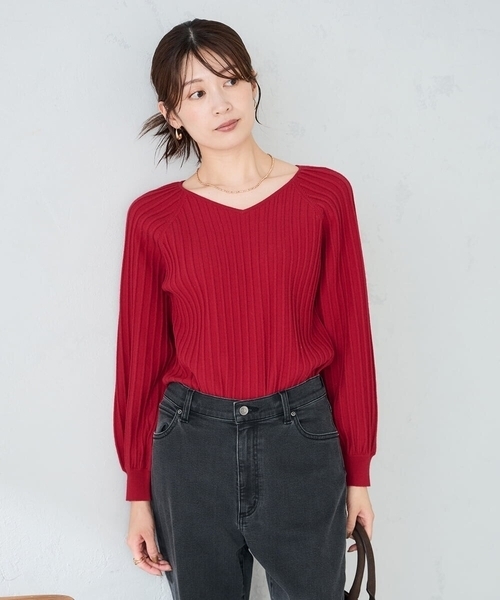 a.v.v(アーヴェヴェ)の「プリーツライクVネックニット(ニット/セーター・レディース・グレー系その他/ブラック/レッド・36/38/40)」の1枚目の写真