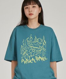フロントフィジカルトレブルラウンドネック15番手綿半袖Tシャツ_ブルーグリーン