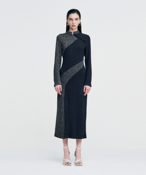 KIMZISU(キムジス)の「Melange Rib Panelled Long Dress _ NAVY(ワンピース・レディース・ネイビー・FREE)」の1枚目の写真