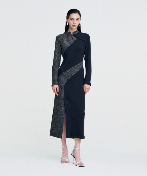 KIMZISU(キムジス)の「Melange Rib Panelled Long Dress _ NAVY(ワンピース・レディース・ネイビー・FREE)」の4枚目の写真