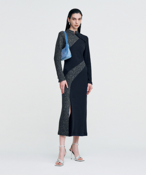 KIMZISU(キムジス)の「Melange Rib Panelled Long Dress _ NAVY(ワンピース・レディース・ネイビー・FREE)」の5枚目の写真